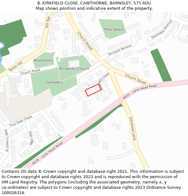 8, KIRKFIELD CLOSE, CAWTHORNE, BARNSLEY, S75 4DU: Location map and indicative extent of plot