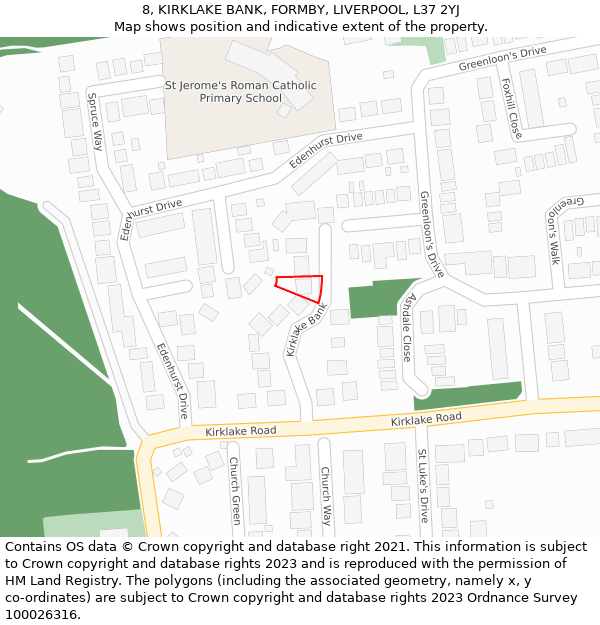 8, KIRKLAKE BANK, FORMBY, LIVERPOOL, L37 2YJ: Location map and indicative extent of plot