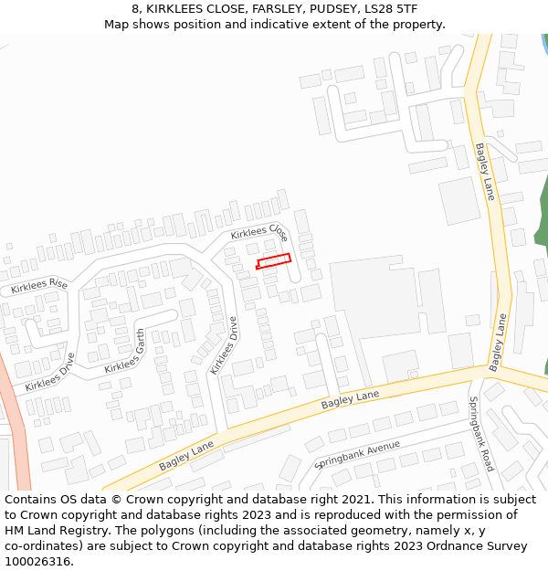 8, KIRKLEES CLOSE, FARSLEY, PUDSEY, LS28 5TF: Location map and indicative extent of plot