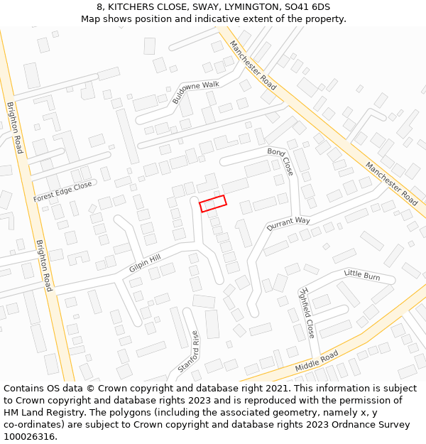 8, KITCHERS CLOSE, SWAY, LYMINGTON, SO41 6DS: Location map and indicative extent of plot