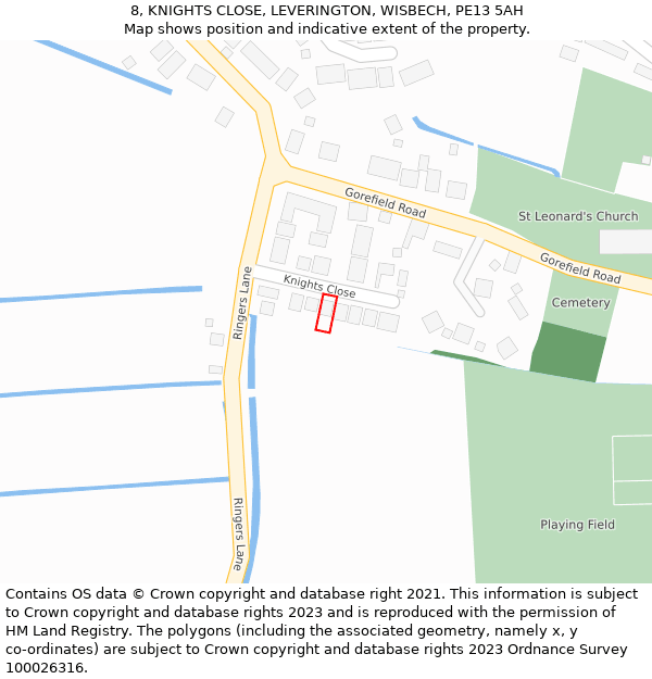8, KNIGHTS CLOSE, LEVERINGTON, WISBECH, PE13 5AH: Location map and indicative extent of plot