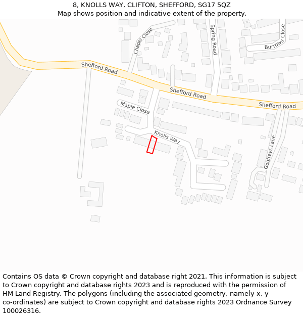 8, KNOLLS WAY, CLIFTON, SHEFFORD, SG17 5QZ: Location map and indicative extent of plot