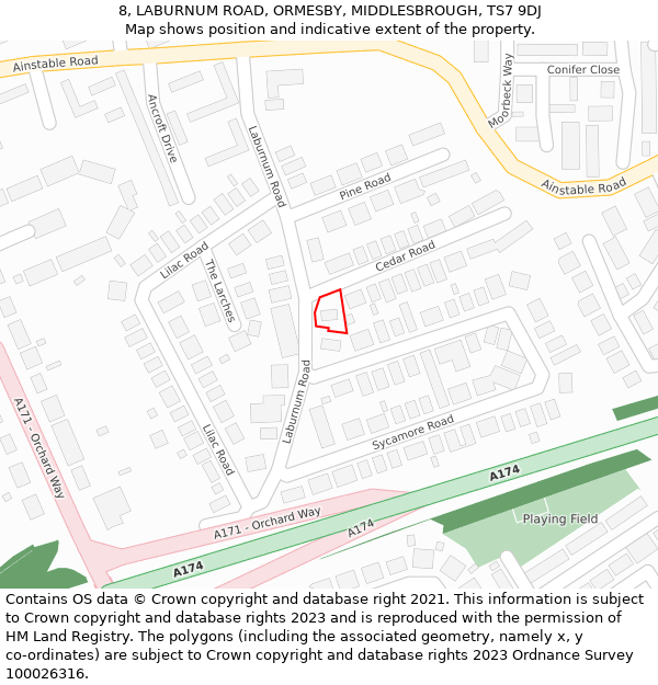8, LABURNUM ROAD, ORMESBY, MIDDLESBROUGH, TS7 9DJ: Location map and indicative extent of plot