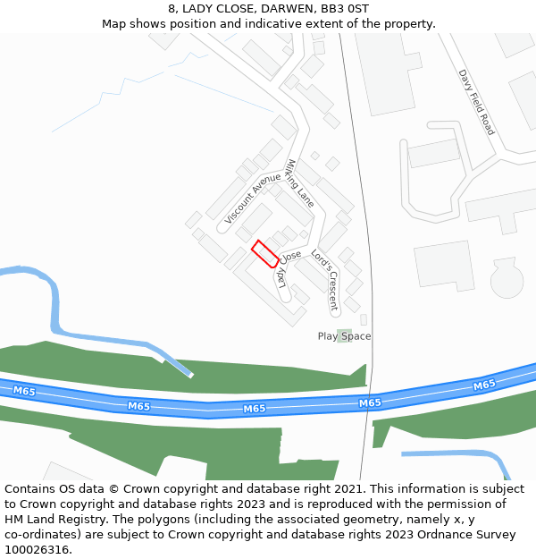 8, LADY CLOSE, DARWEN, BB3 0ST: Location map and indicative extent of plot