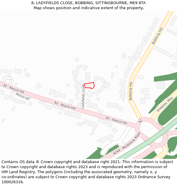 8, LADYFIELDS CLOSE, BOBBING, SITTINGBOURNE, ME9 8TA: Location map and indicative extent of plot