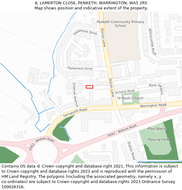 8, LAMERTON CLOSE, PENKETH, WARRINGTON, WA5 2RS: Location map and indicative extent of plot
