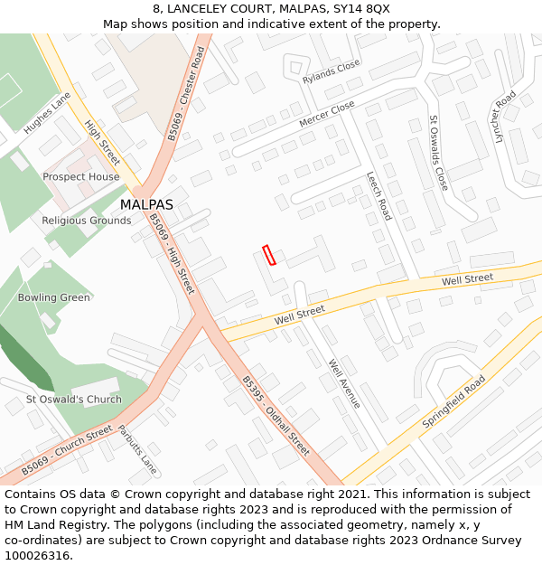 8, LANCELEY COURT, MALPAS, SY14 8QX: Location map and indicative extent of plot