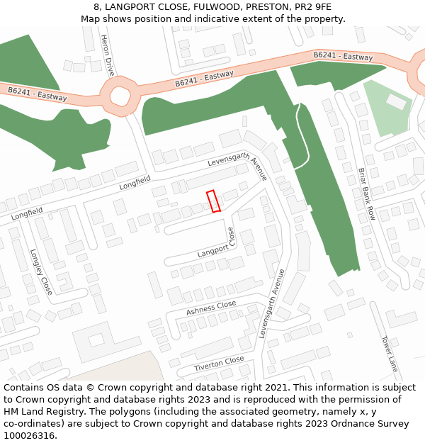 8, LANGPORT CLOSE, FULWOOD, PRESTON, PR2 9FE: Location map and indicative extent of plot