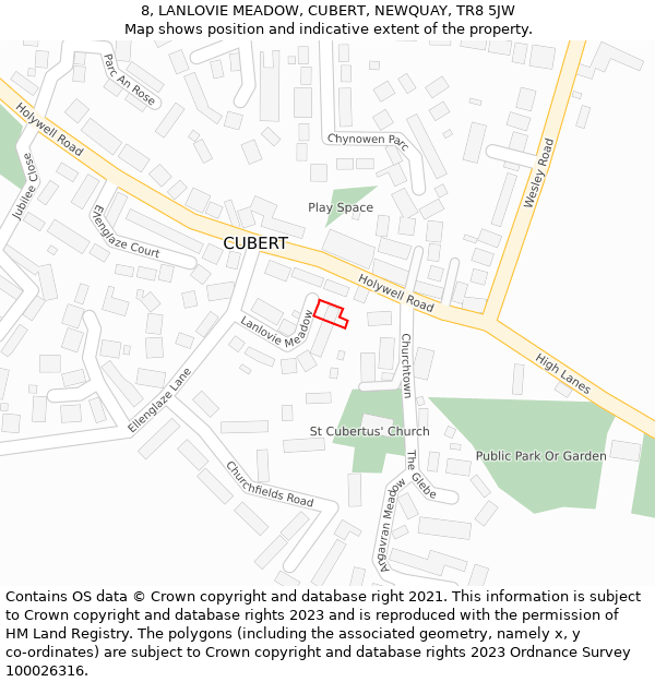 8, LANLOVIE MEADOW, CUBERT, NEWQUAY, TR8 5JW: Location map and indicative extent of plot