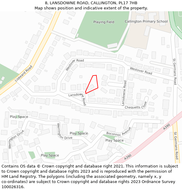 8, LANSDOWNE ROAD, CALLINGTON, PL17 7HB: Location map and indicative extent of plot