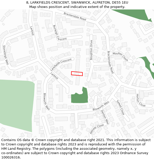 8, LARKFIELDS CRESCENT, SWANWICK, ALFRETON, DE55 1EU: Location map and indicative extent of plot