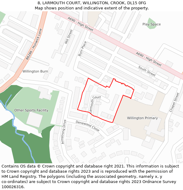 8, LARMOUTH COURT, WILLINGTON, CROOK, DL15 0FG: Location map and indicative extent of plot
