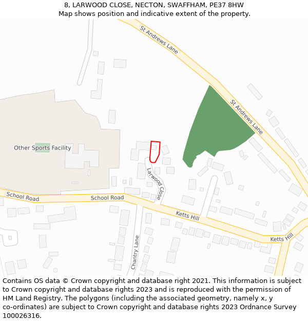 8, LARWOOD CLOSE, NECTON, SWAFFHAM, PE37 8HW: Location map and indicative extent of plot