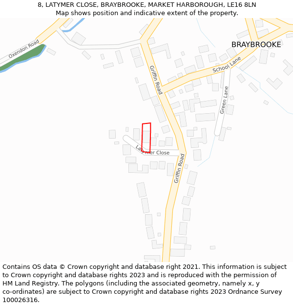 8, LATYMER CLOSE, BRAYBROOKE, MARKET HARBOROUGH, LE16 8LN: Location map and indicative extent of plot