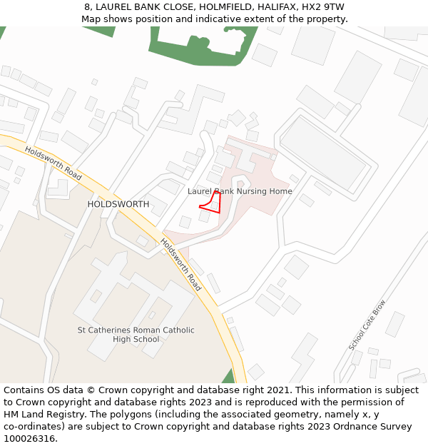 8, LAUREL BANK CLOSE, HOLMFIELD, HALIFAX, HX2 9TW: Location map and indicative extent of plot