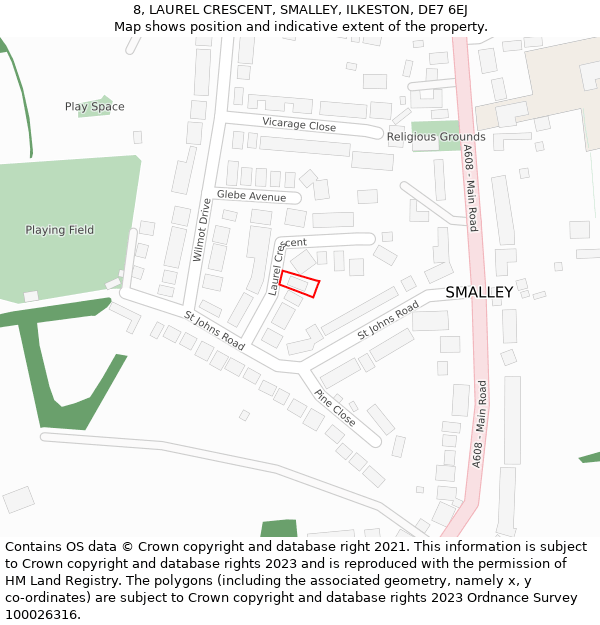 8, LAUREL CRESCENT, SMALLEY, ILKESTON, DE7 6EJ: Location map and indicative extent of plot