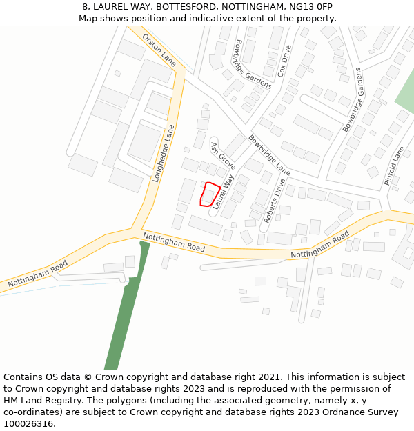 8, LAUREL WAY, BOTTESFORD, NOTTINGHAM, NG13 0FP: Location map and indicative extent of plot