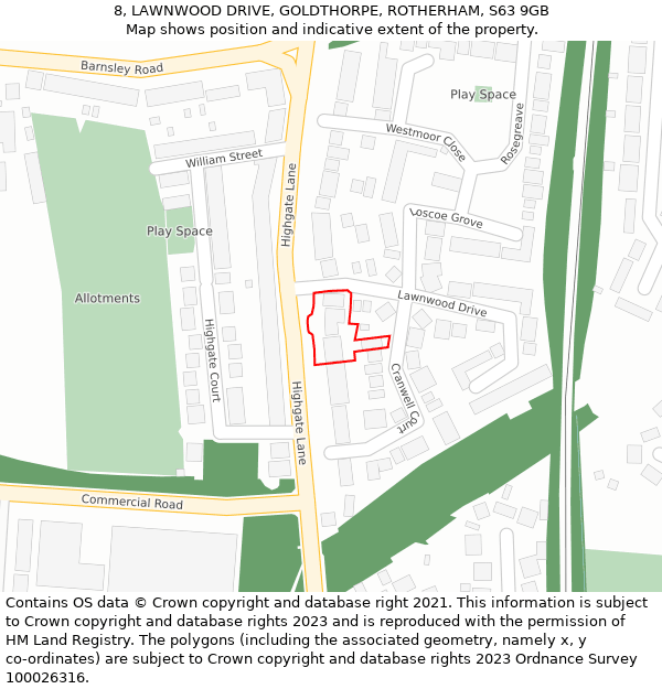 8, LAWNWOOD DRIVE, GOLDTHORPE, ROTHERHAM, S63 9GB: Location map and indicative extent of plot