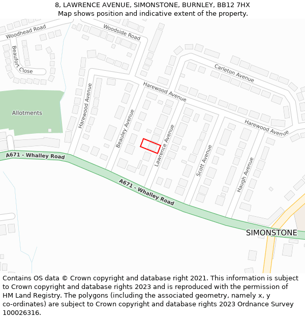 8, LAWRENCE AVENUE, SIMONSTONE, BURNLEY, BB12 7HX: Location map and indicative extent of plot