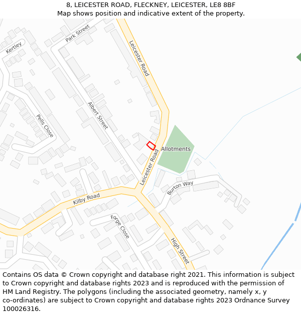 8, LEICESTER ROAD, FLECKNEY, LEICESTER, LE8 8BF: Location map and indicative extent of plot
