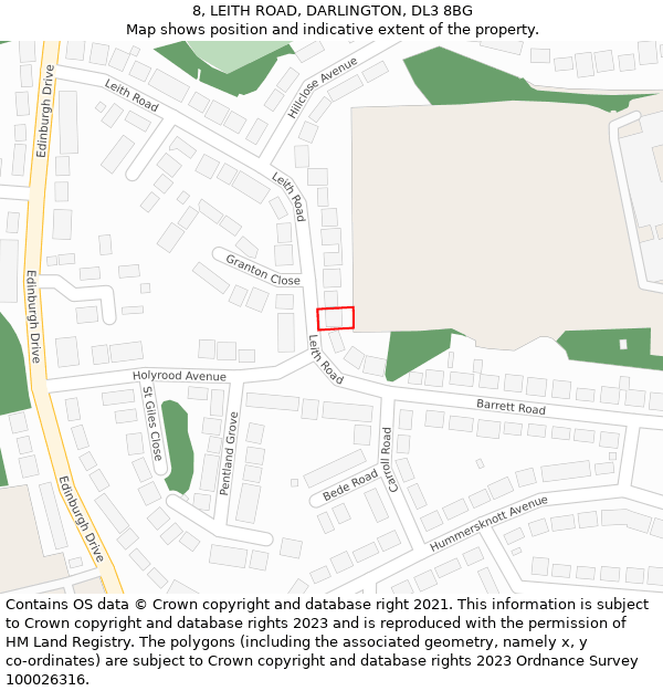 8, LEITH ROAD, DARLINGTON, DL3 8BG: Location map and indicative extent of plot