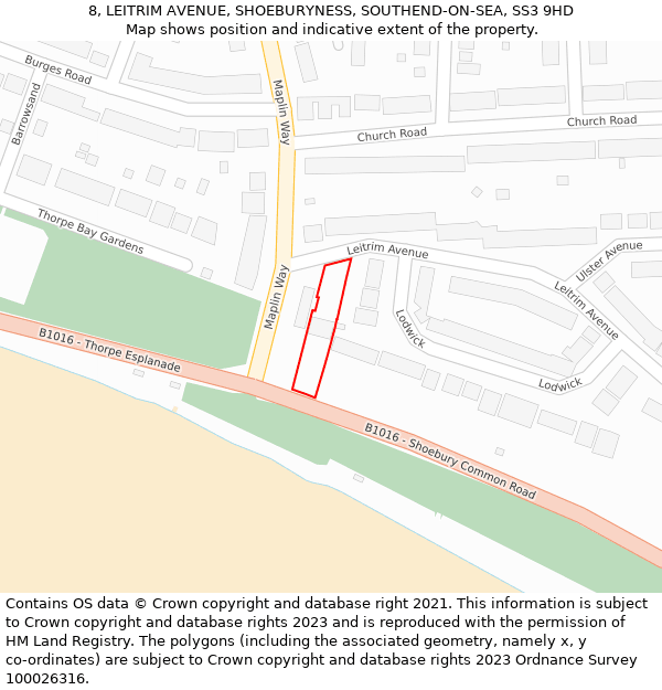 8, LEITRIM AVENUE, SHOEBURYNESS, SOUTHEND-ON-SEA, SS3 9HD: Location map and indicative extent of plot