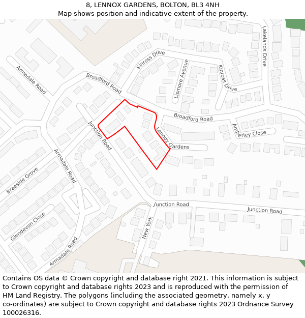 8, LENNOX GARDENS, BOLTON, BL3 4NH: Location map and indicative extent of plot