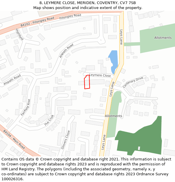 8, LEYMERE CLOSE, MERIDEN, COVENTRY, CV7 7SB: Location map and indicative extent of plot