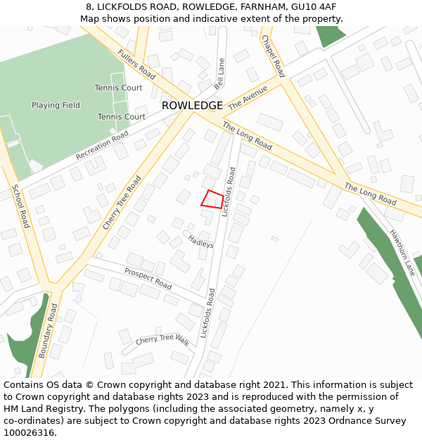 8, LICKFOLDS ROAD, ROWLEDGE, FARNHAM, GU10 4AF: Location map and indicative extent of plot