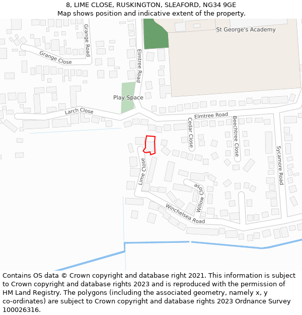 8, LIME CLOSE, RUSKINGTON, SLEAFORD, NG34 9GE: Location map and indicative extent of plot
