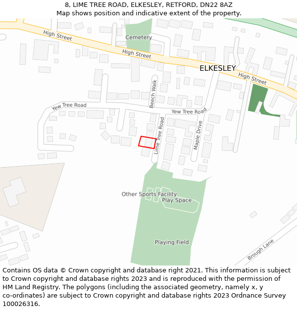 8, LIME TREE ROAD, ELKESLEY, RETFORD, DN22 8AZ: Location map and indicative extent of plot