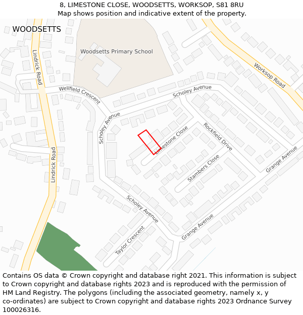8, LIMESTONE CLOSE, WOODSETTS, WORKSOP, S81 8RU: Location map and indicative extent of plot