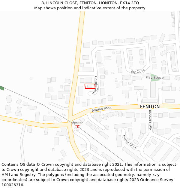 8, LINCOLN CLOSE, FENITON, HONITON, EX14 3EQ: Location map and indicative extent of plot