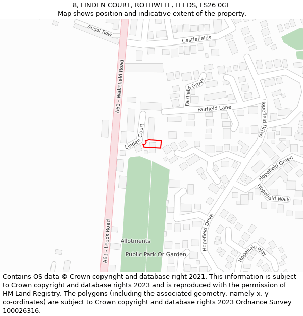 8, LINDEN COURT, ROTHWELL, LEEDS, LS26 0GF: Location map and indicative extent of plot