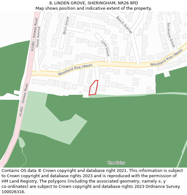 8, LINDEN GROVE, SHERINGHAM, NR26 8PD: Location map and indicative extent of plot