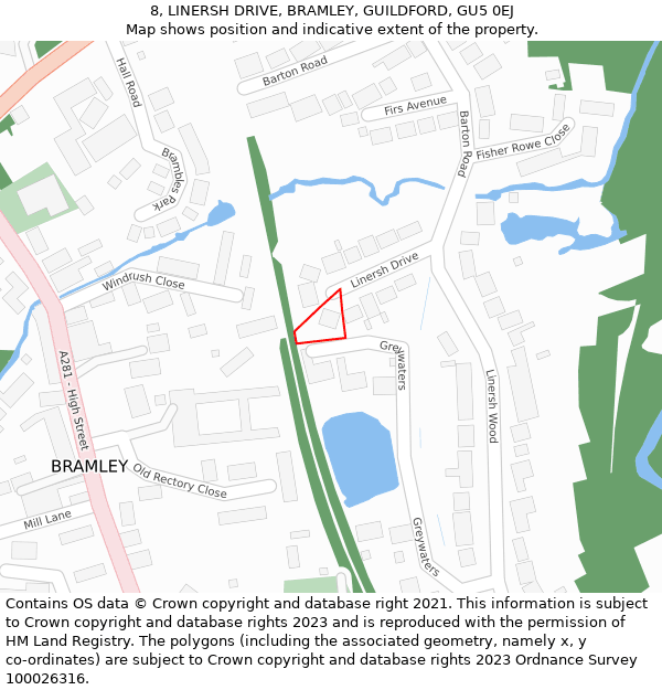 8, LINERSH DRIVE, BRAMLEY, GUILDFORD, GU5 0EJ: Location map and indicative extent of plot