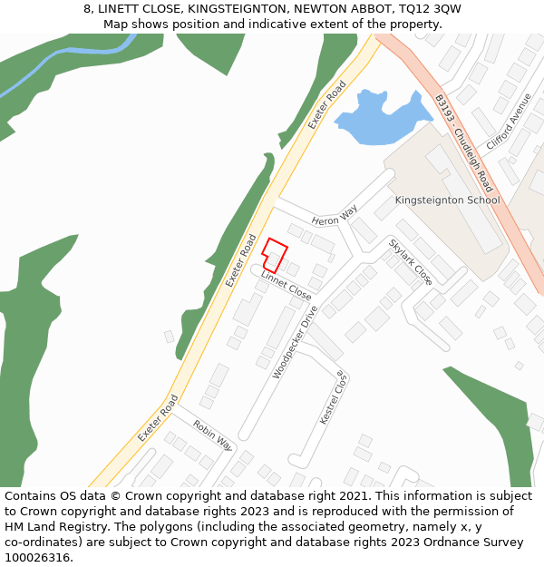 8, LINETT CLOSE, KINGSTEIGNTON, NEWTON ABBOT, TQ12 3QW: Location map and indicative extent of plot
