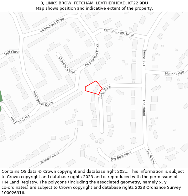 8, LINKS BROW, FETCHAM, LEATHERHEAD, KT22 9DU: Location map and indicative extent of plot