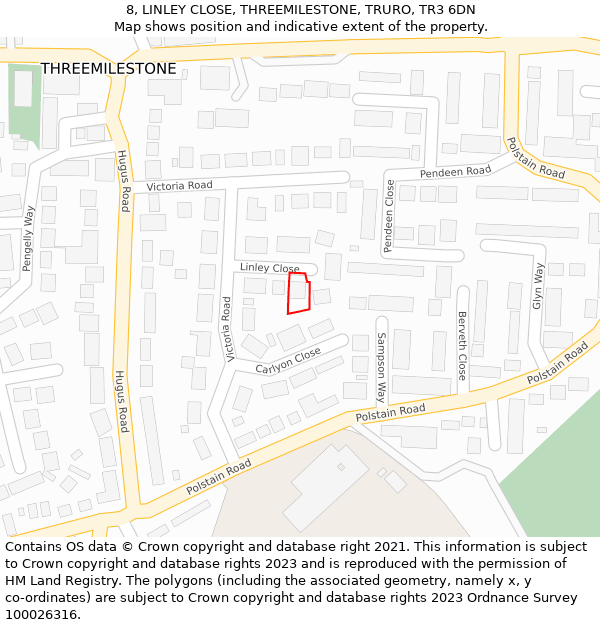 8, LINLEY CLOSE, THREEMILESTONE, TRURO, TR3 6DN: Location map and indicative extent of plot