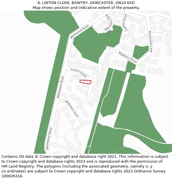 8, LINTON CLOSE, BAWTRY, DONCASTER, DN10 6XD: Location map and indicative extent of plot