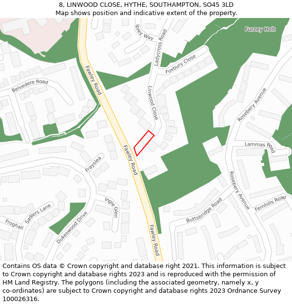 8, LINWOOD CLOSE, HYTHE, SOUTHAMPTON, SO45 3LD: Location map and indicative extent of plot