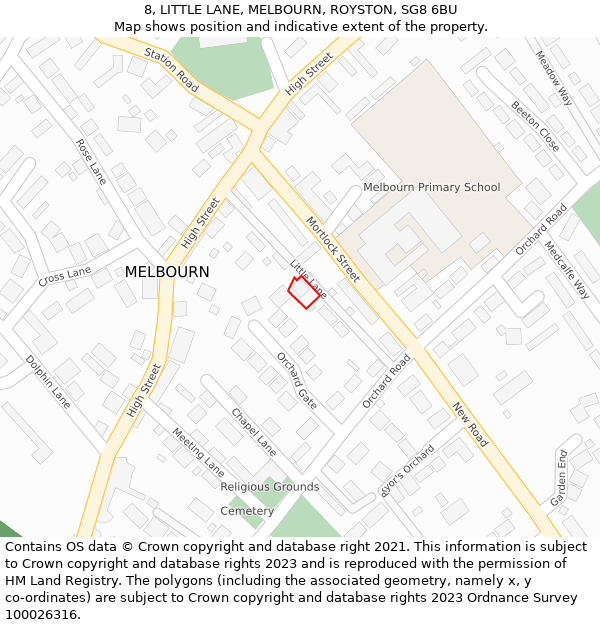 8, LITTLE LANE, MELBOURN, ROYSTON, SG8 6BU: Location map and indicative extent of plot