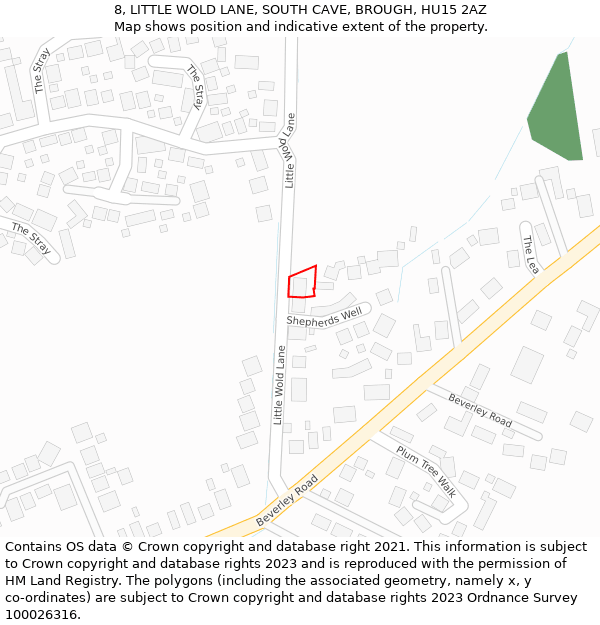 8, LITTLE WOLD LANE, SOUTH CAVE, BROUGH, HU15 2AZ: Location map and indicative extent of plot