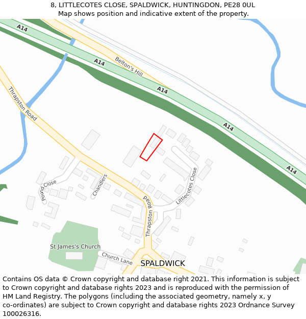 8, LITTLECOTES CLOSE, SPALDWICK, HUNTINGDON, PE28 0UL: Location map and indicative extent of plot