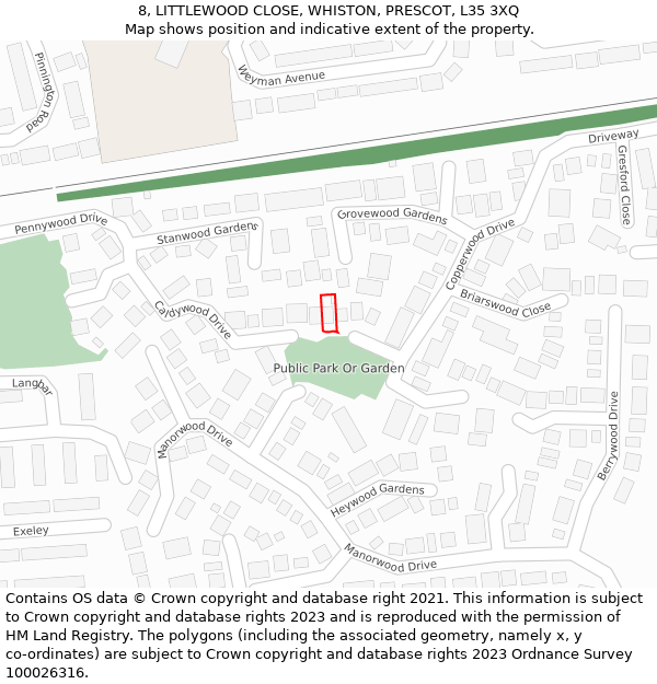 8, LITTLEWOOD CLOSE, WHISTON, PRESCOT, L35 3XQ: Location map and indicative extent of plot