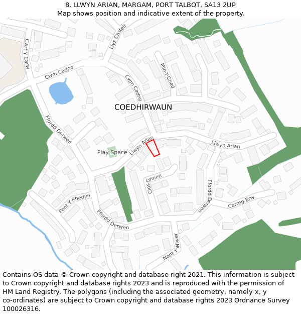 8, LLWYN ARIAN, MARGAM, PORT TALBOT, SA13 2UP: Location map and indicative extent of plot