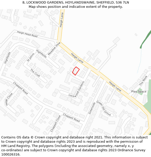 8, LOCKWOOD GARDENS, HOYLANDSWAINE, SHEFFIELD, S36 7LN: Location map and indicative extent of plot