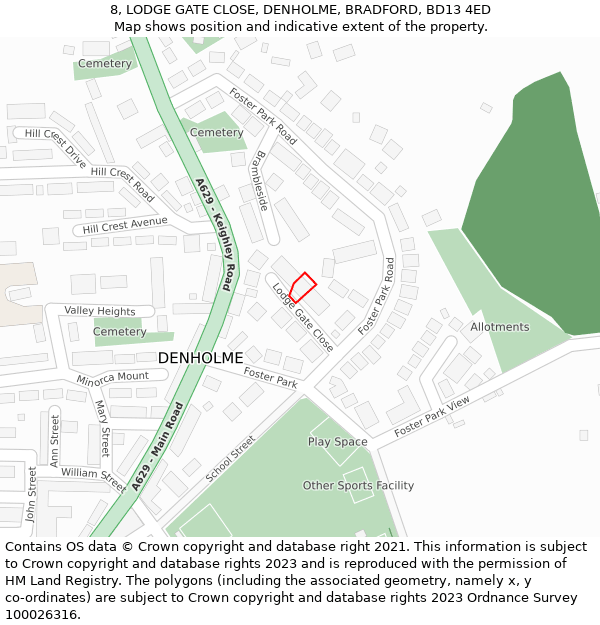 8, LODGE GATE CLOSE, DENHOLME, BRADFORD, BD13 4ED: Location map and indicative extent of plot