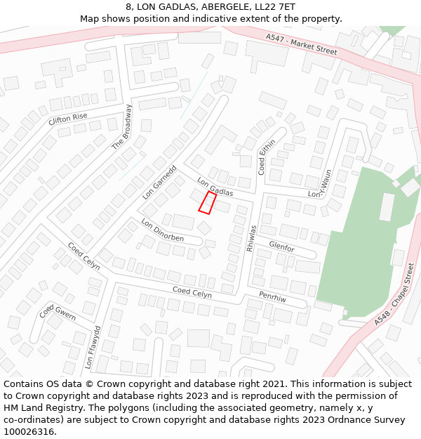8, LON GADLAS, ABERGELE, LL22 7ET: Location map and indicative extent of plot