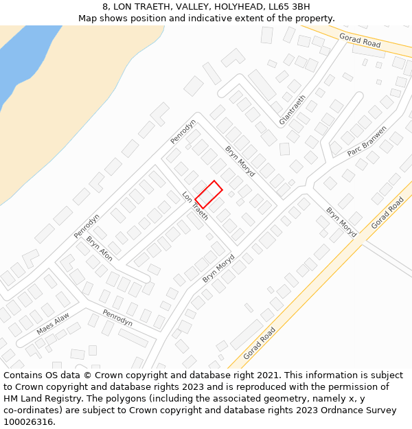 8, LON TRAETH, VALLEY, HOLYHEAD, LL65 3BH: Location map and indicative extent of plot